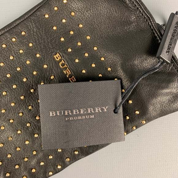 BURBERRY PRORSUM Black Gold Studded Kidskin Leather Silk Lined Gloves - Picture 6 of 7